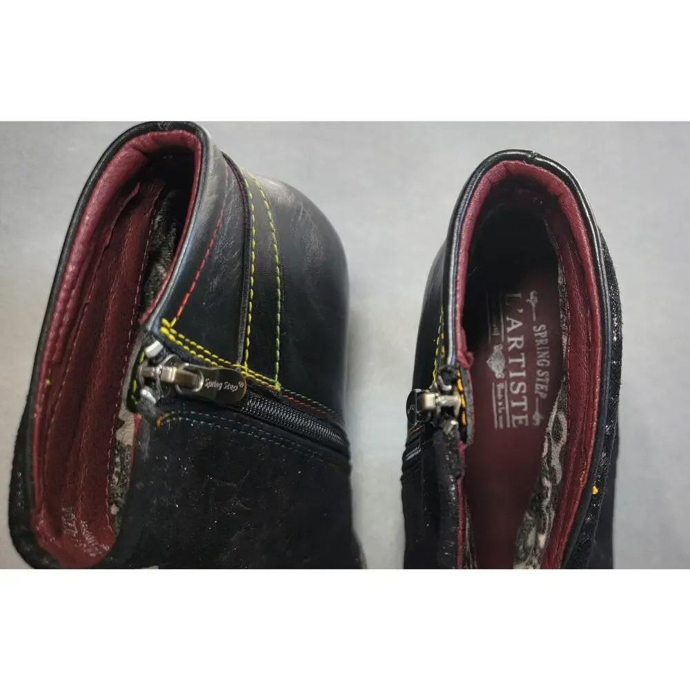 L'Artiste by Spring Step Black Metallic Floral Leather Ankle Boots Sz 37 EU 6.5